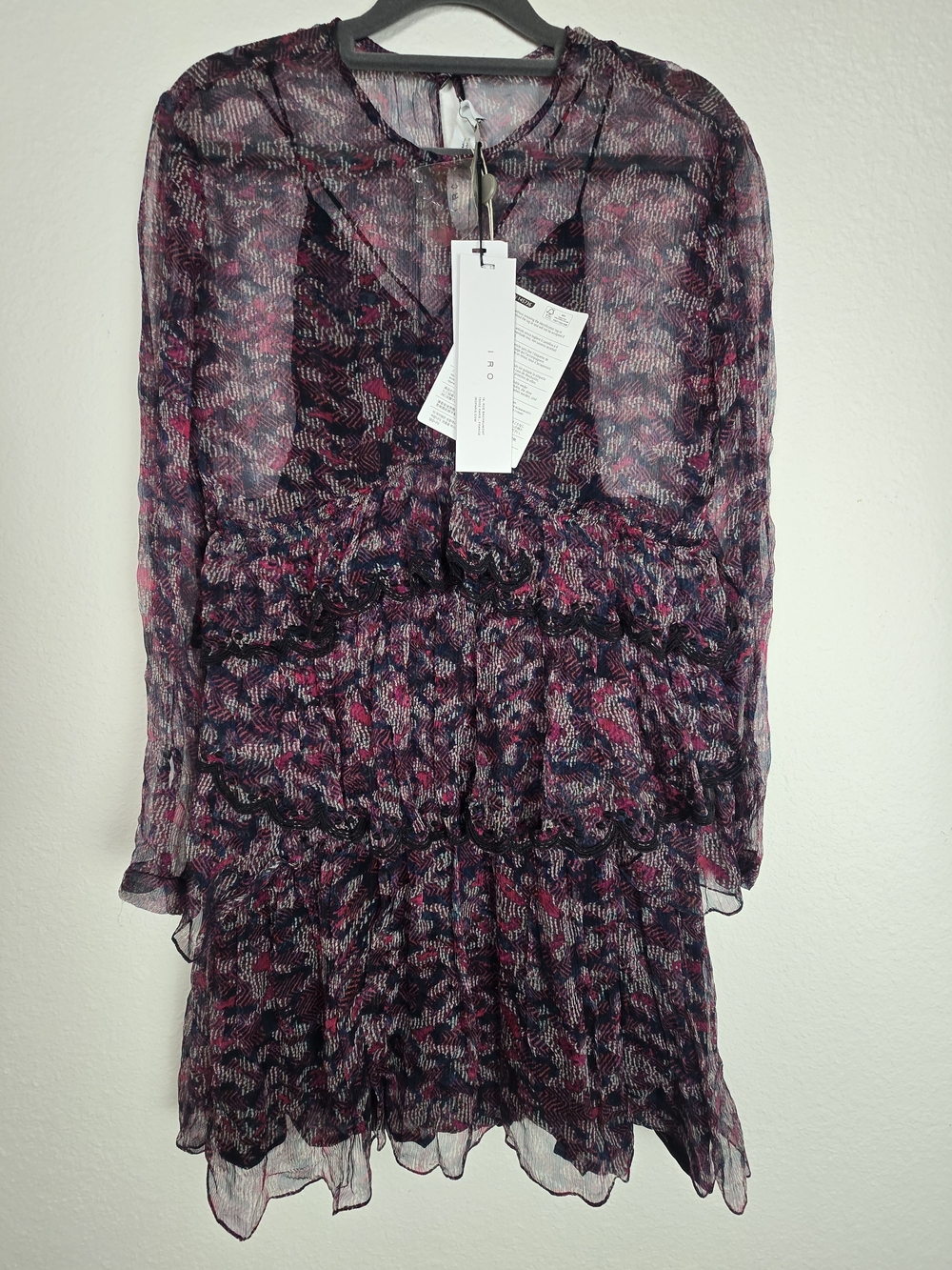 IRO Sheer Long-Sleeve Ruffle Mini Dress in Black & Pink